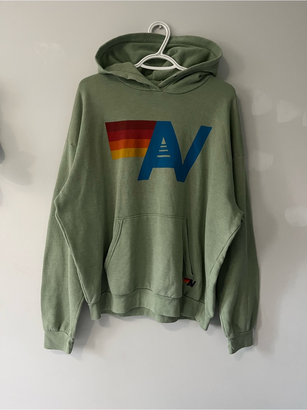 Aviator Nation Sage Green Hoodie with Rainbow Stripe and Blue AV Logo